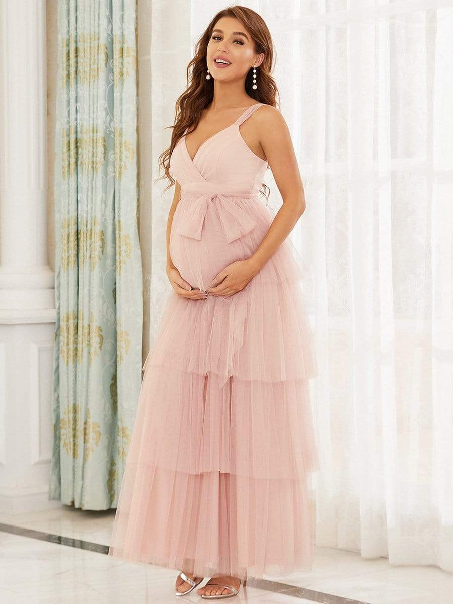 V-neck Sleeveless Mid-Rib Layered Tulle Long Maternity Wedding Guest Dress #color_Pink