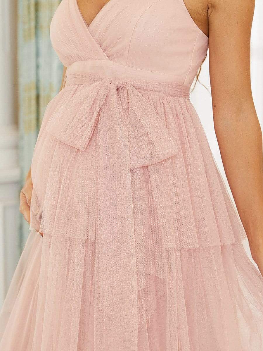 V-neck Sleeveless Mid-Rib Layered Tulle Long Maternity Wedding Guest Dress #color_Pink