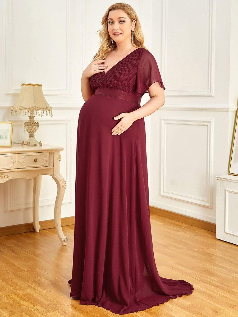 Plus Size Pleated Bodice Ruffle Sleeves V Neck Floor Length Maternity Dress #color_Burgundy