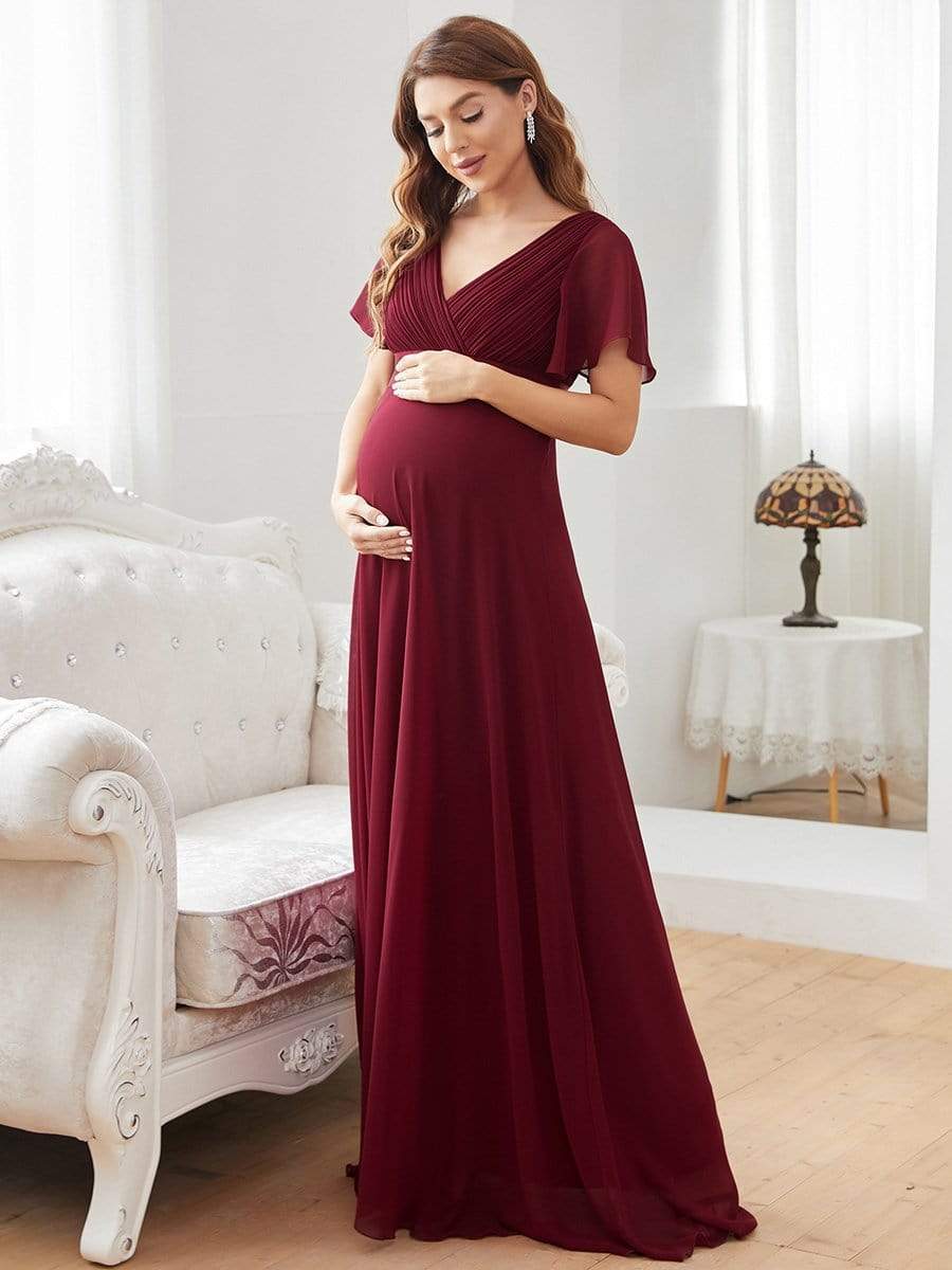 Pleated Bodice Ruffle Sleeves V Neck Floor Length Maternity Dress #color_Burgundy