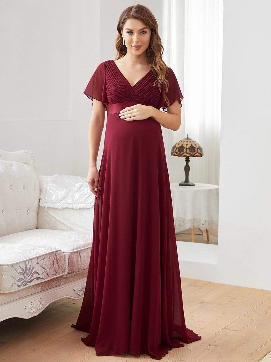 Pleated Bodice V Neck Floor Length Maternity Wedding Guest Dress with Sleeves #color_Burgundy