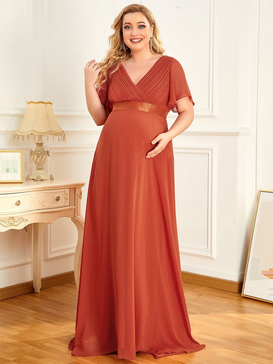 Pleated Bodice Ruffle Sleeves V Neck Floor Length Maternity Dress #color_Burnt Orange