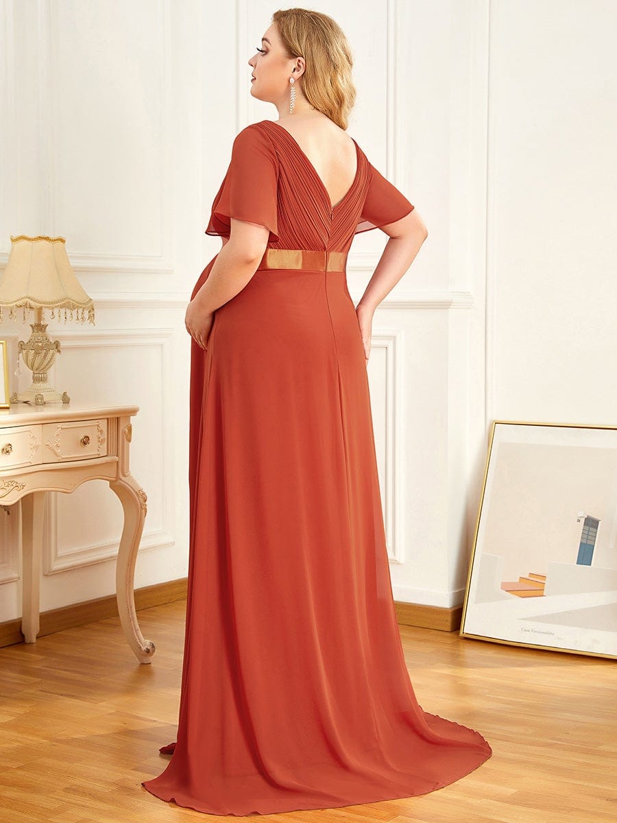 Pleated Bodice Ruffle Sleeves V Neck Floor Length Maternity Dress #color_Burnt Orange