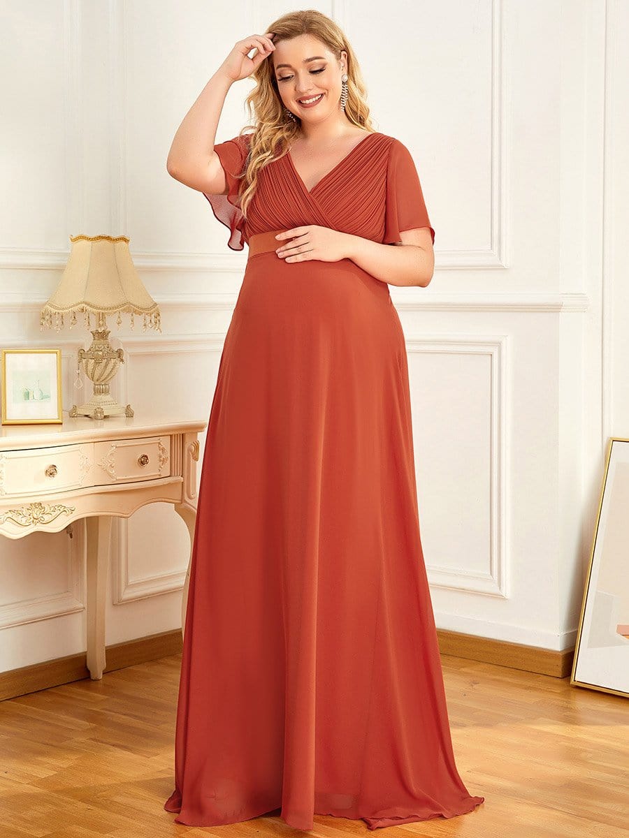 Plus Size Pleated Bodice Ruffle Sleeves V Neck Floor Length Maternity Dress #color_Burnt Orange