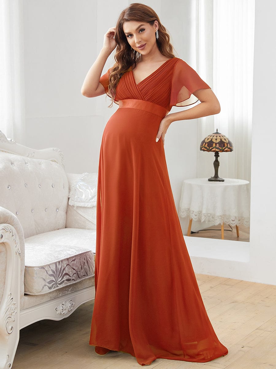 Pleated Bodice Ruffle Sleeves V Neck Floor Length Maternity Dress #color_Burnt Orange