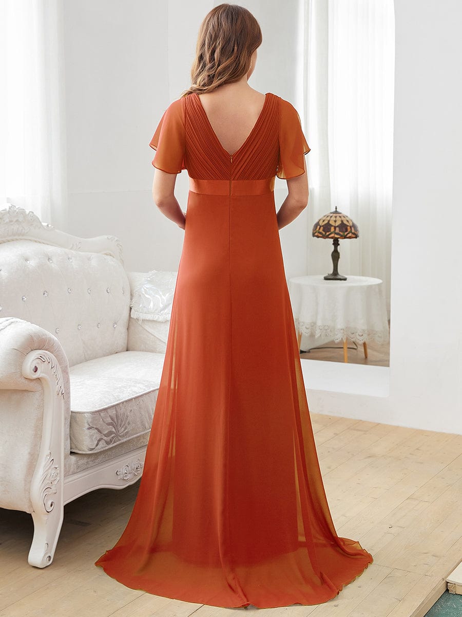 Pleated Bodice Ruffle Sleeves V Neck Floor Length Maternity Dress #color_Burnt Orange