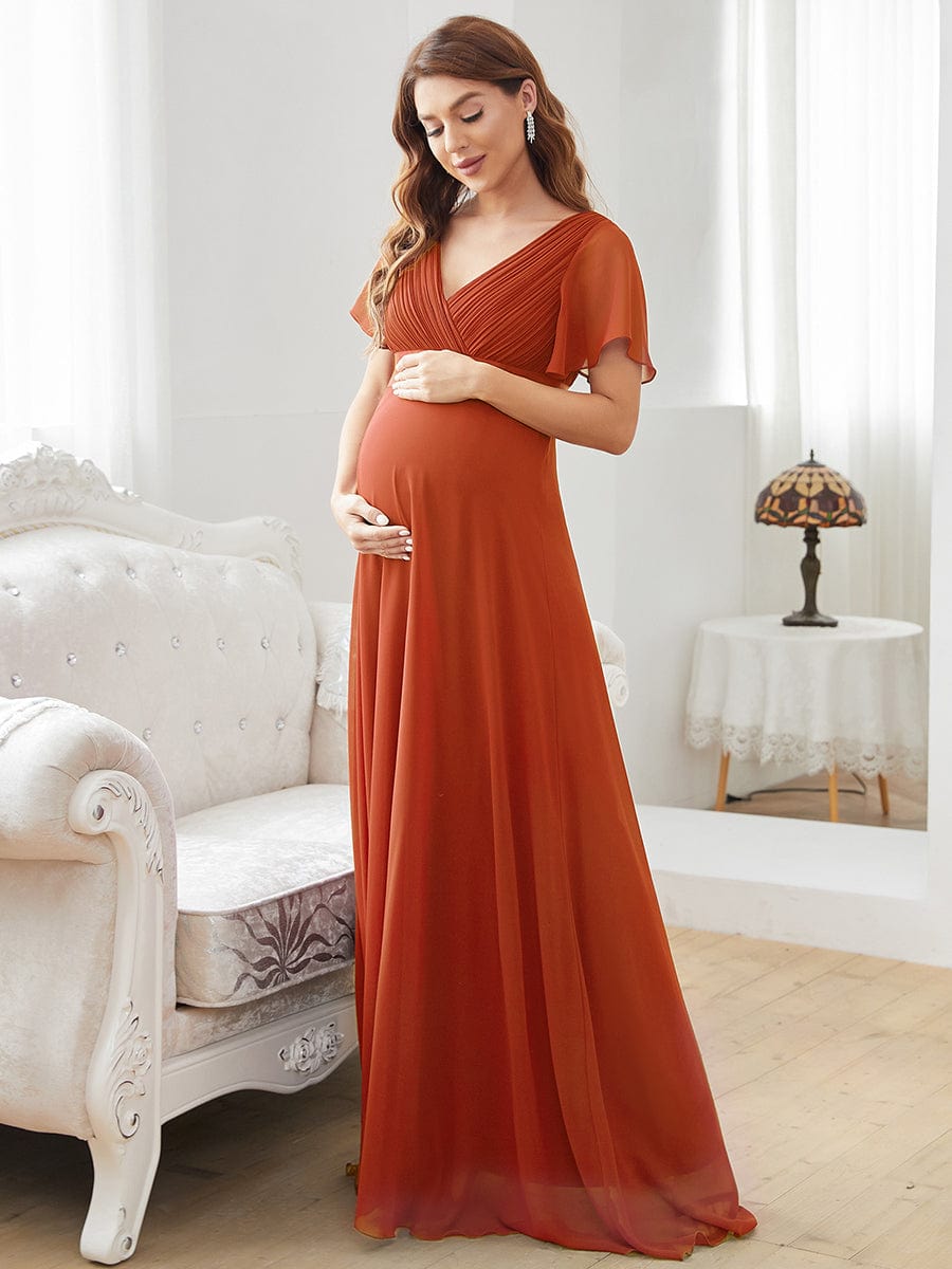 Pleated Bodice Ruffle Sleeves V Neck Floor Length Maternity Dress #color_Burnt Orange