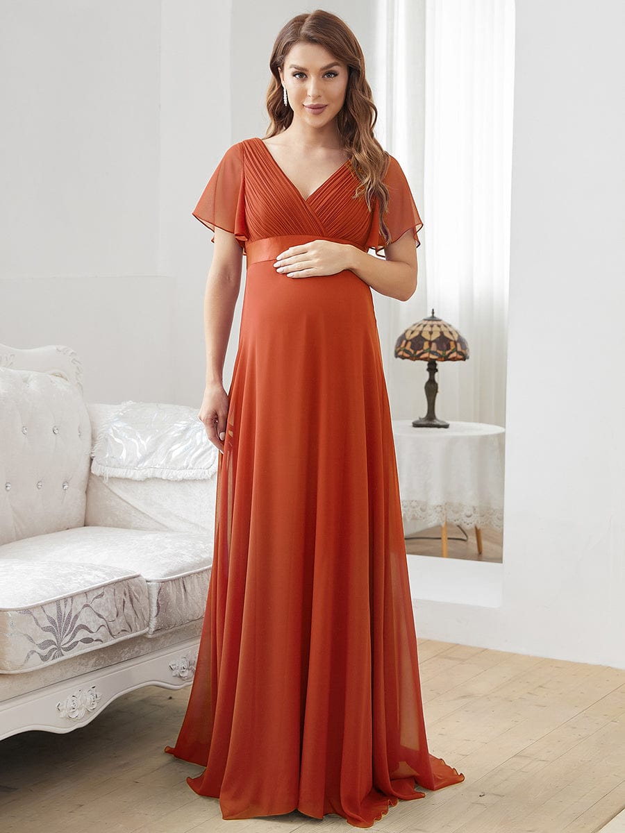 Pleated Bodice Ruffle Sleeves V Neck Floor Length Maternity Dress #color_Burnt Orange