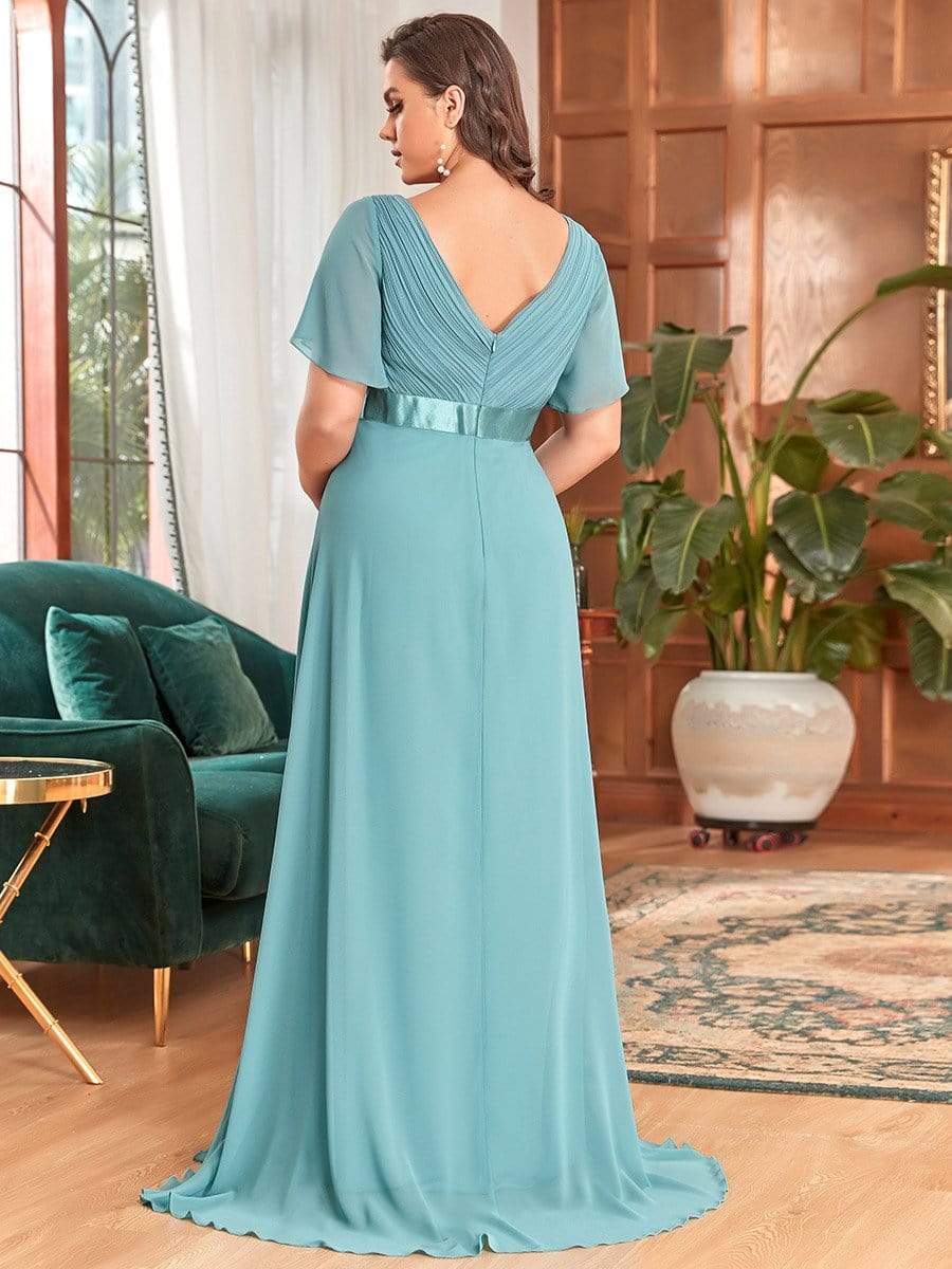 Pleated Bodice V Neck Floor Length Maternity Wedding Guest Dress with Sleeves #color_Dusty Blue