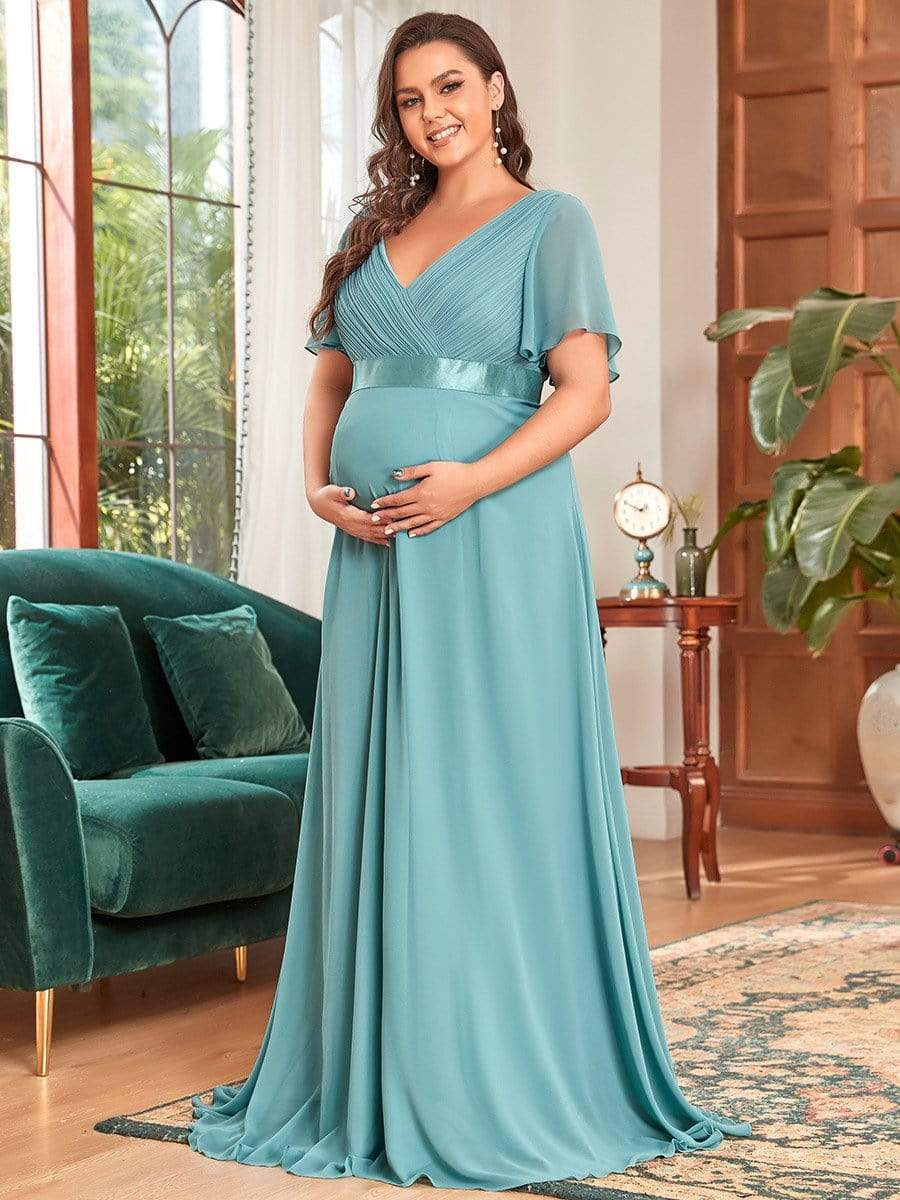 Plus Size Pleated Bodice Ruffle Sleeves V Neck Floor Length Maternity Dress #color_Dusty Blue