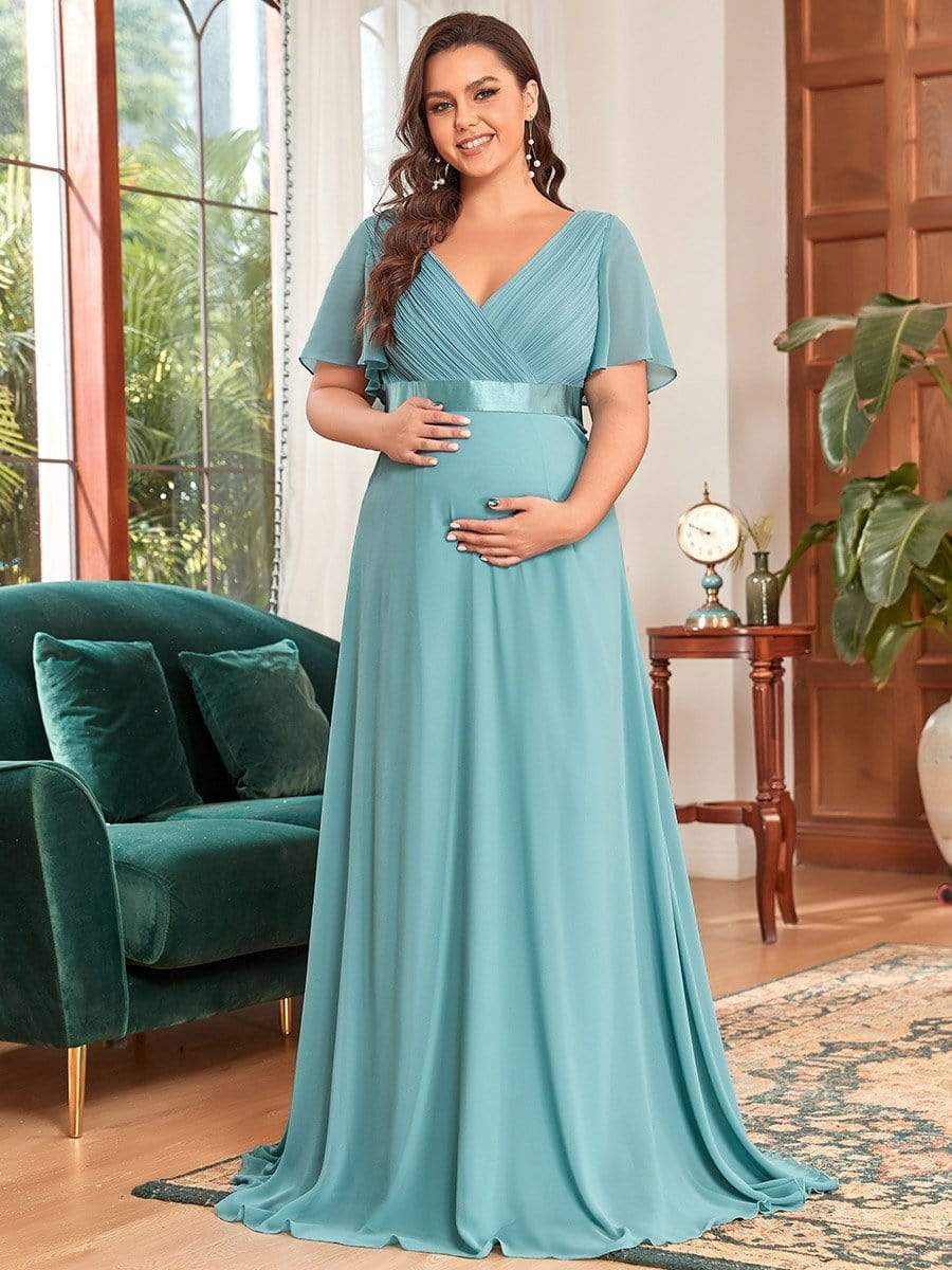 Pleated Bodice Ruffle Sleeves V Neck Floor Length Maternity Dress #color_Light Teal