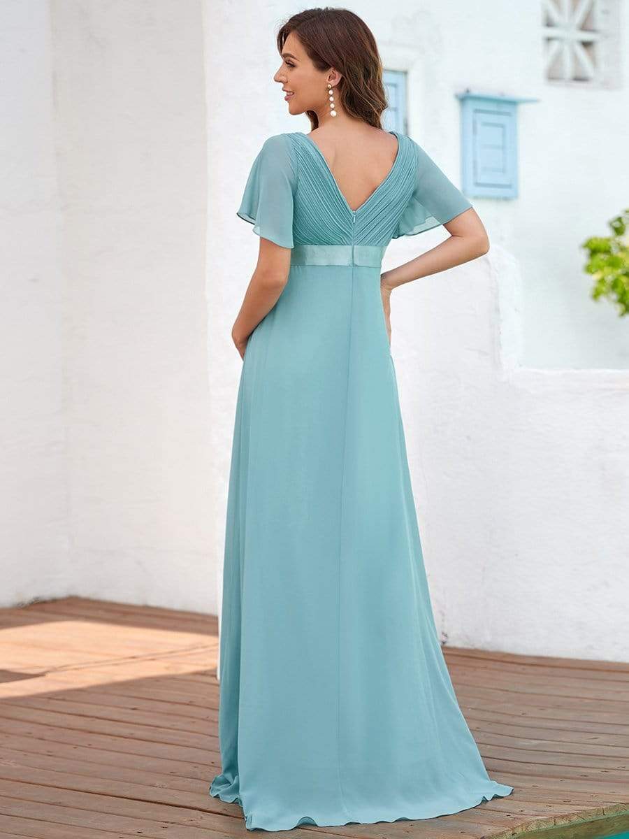 Pleated Bodice V Neck Floor Length Maternity Wedding Guest Dress with Sleeves #color_Dusty Blue