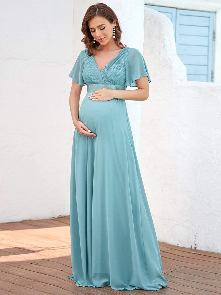 Pleated Bodice V Neck Floor Length Maternity Wedding Guest Dress with Sleeves #color_Dusty Blue