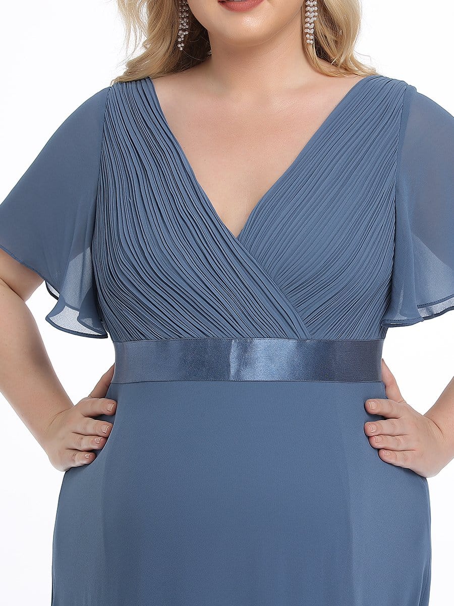 Plus Size Pleated Bodice Ruffle Sleeves V Neck Floor Length Maternity Dress #color_Dusty Navy