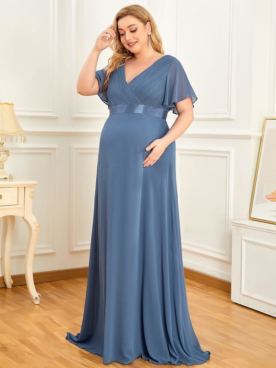 Plus Size Pleated Bodice Ruffle Sleeves V Neck Floor Length Maternity Dress #color_Dusty Navy