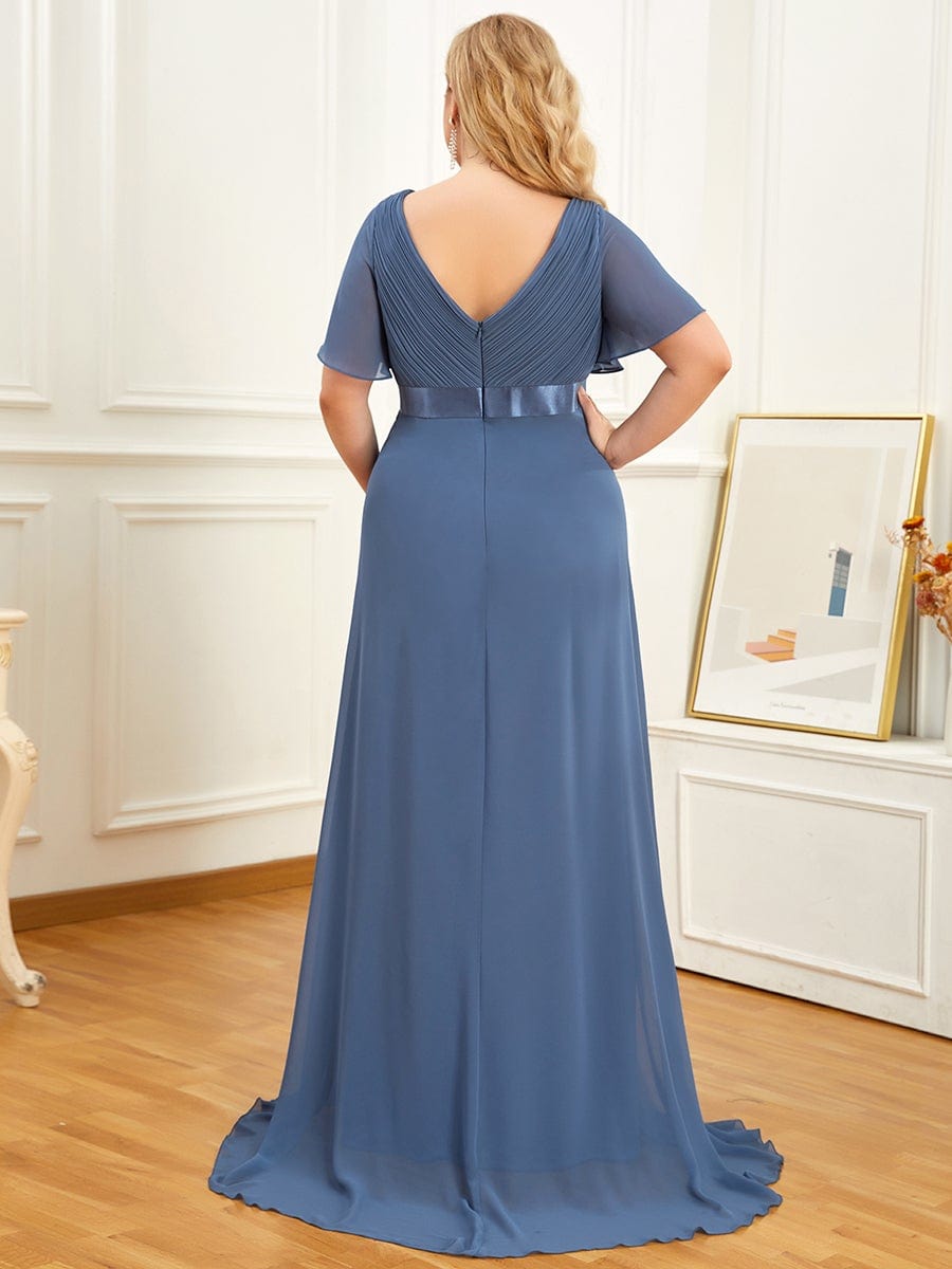 Pleated Bodice Ruffle Sleeves V Neck Floor Length Maternity Dress #color_Dusty Blue