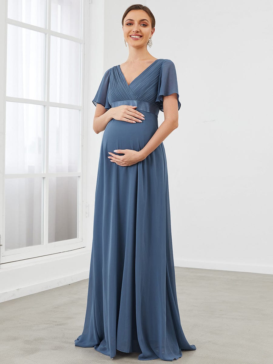 Pleated Bodice Ruffle Sleeves V Neck Floor Length Maternity Dress #color_Dusty Blue