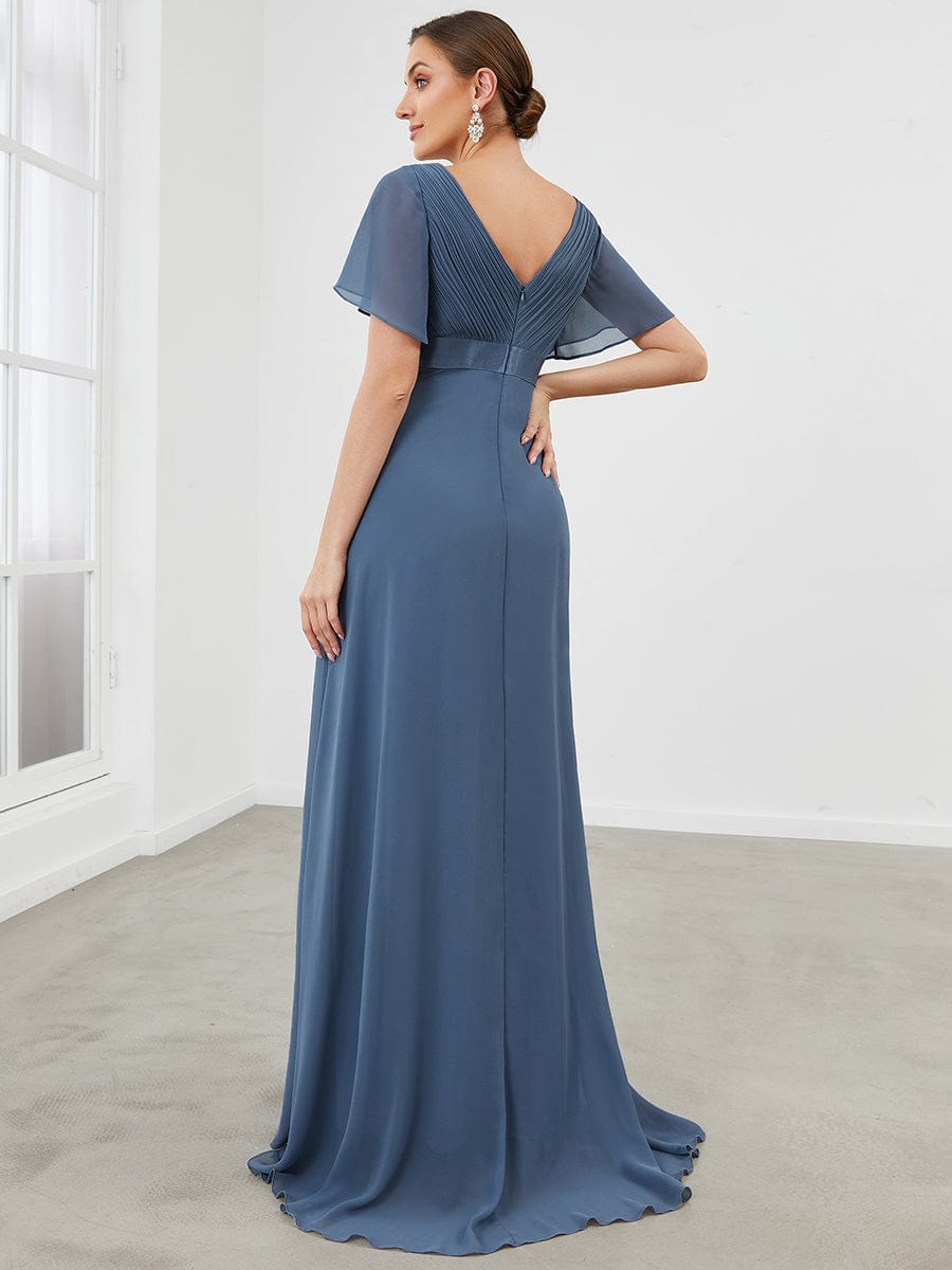 Pleated Bodice Ruffle Sleeves V Neck Floor Length Maternity Dress #color_Dusty Blue