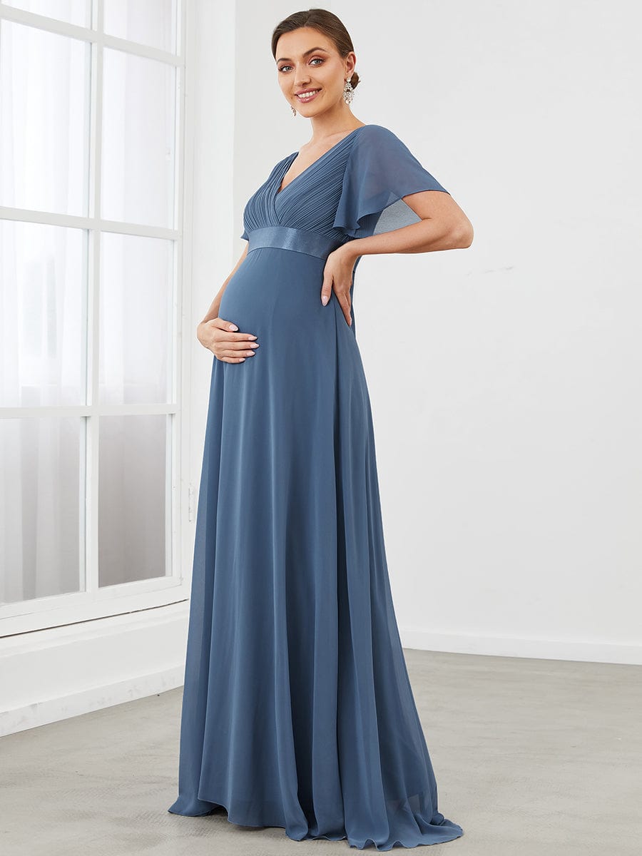 Pleated Bodice Ruffle Sleeves V Neck Floor Length Maternity Dress #color_Dusty Blue