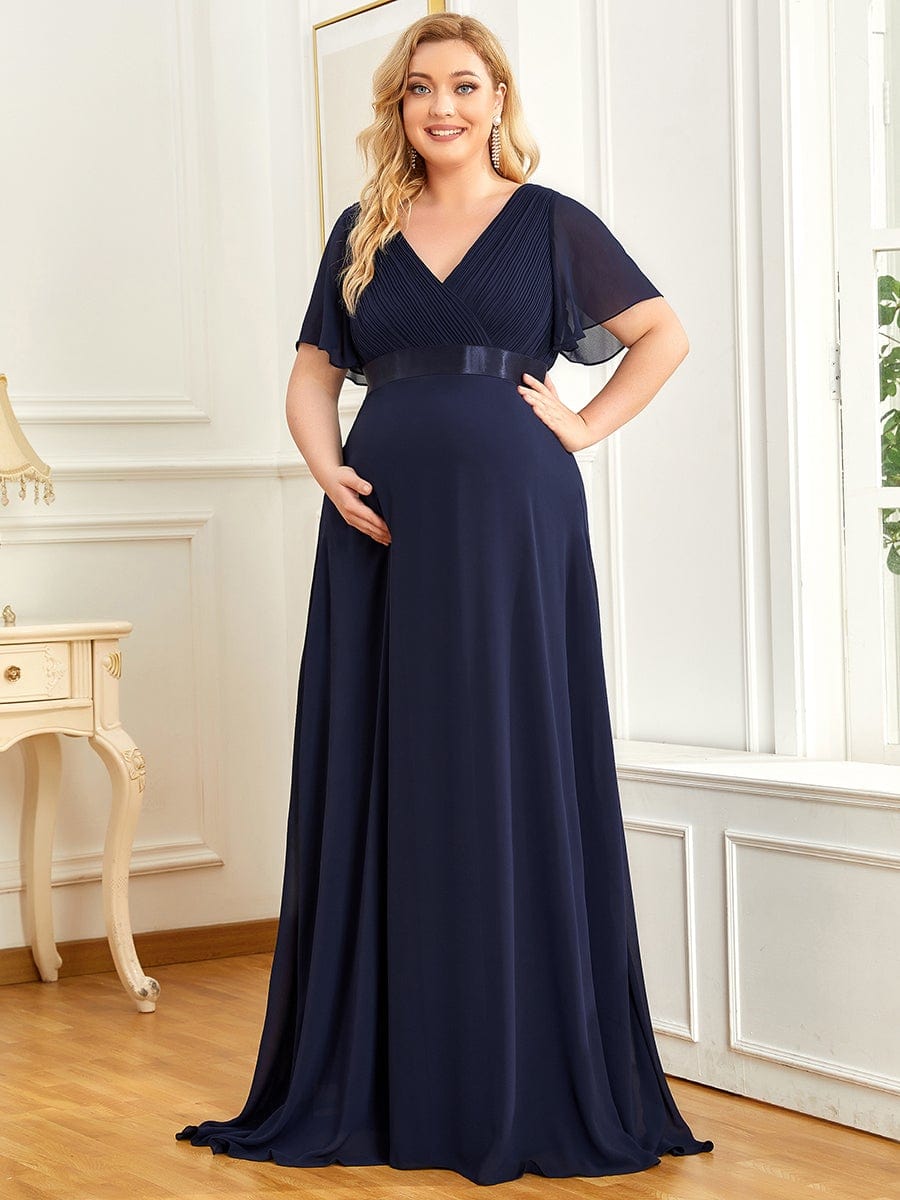 Pleated Bodice Ruffle Sleeves V Neck Floor Length Maternity Dress #color_Navy Blue