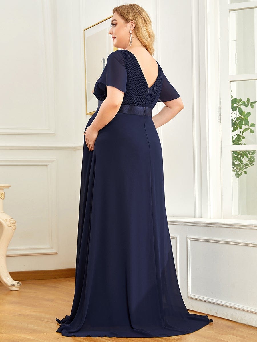 Pleated Bodice Ruffle Sleeves V Neck Floor Length Maternity Dress #color_Navy Blue