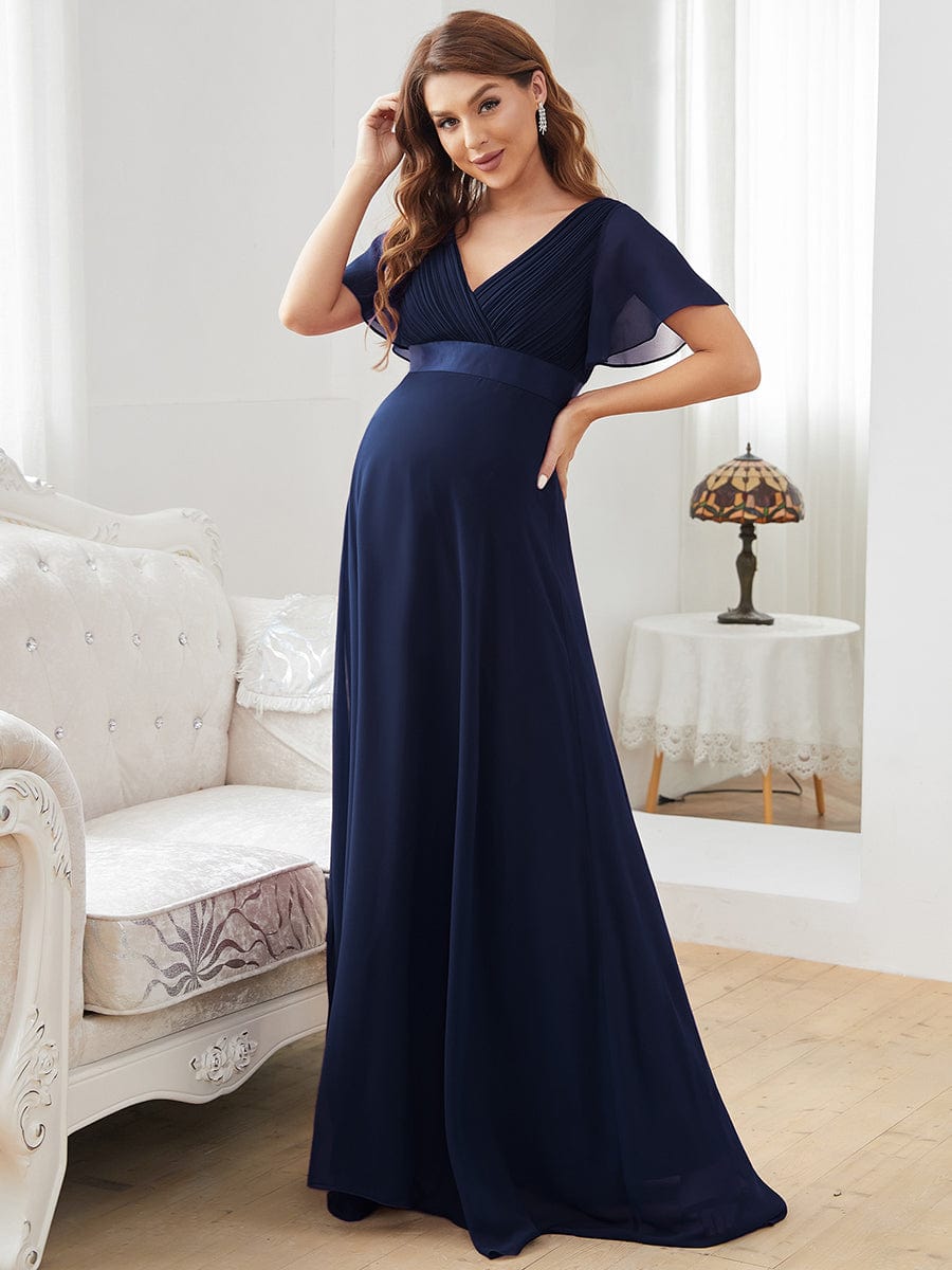 Pleated Bodice Ruffle Sleeves V Neck Floor Length Maternity Dress #color_Navy Blue