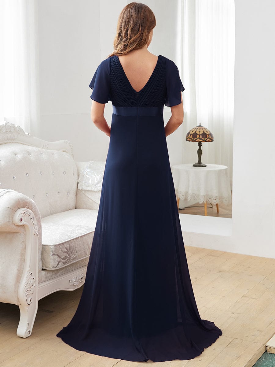 Pleated Bodice V Neck Floor Length Maternity Wedding Guest Dress with Sleeves #color_Navy Blue