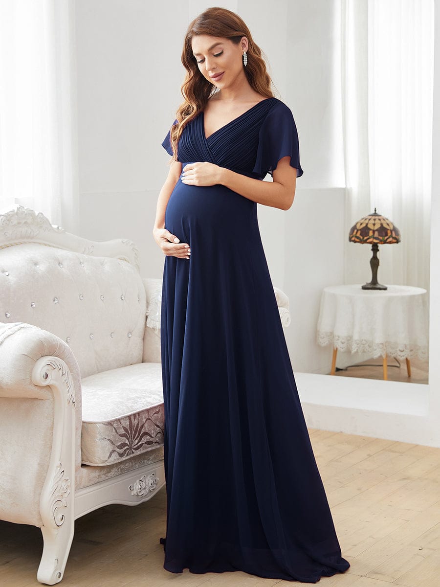 Pleated Bodice Ruffle Sleeves V Neck Floor Length Maternity Dress #color_Navy Blue