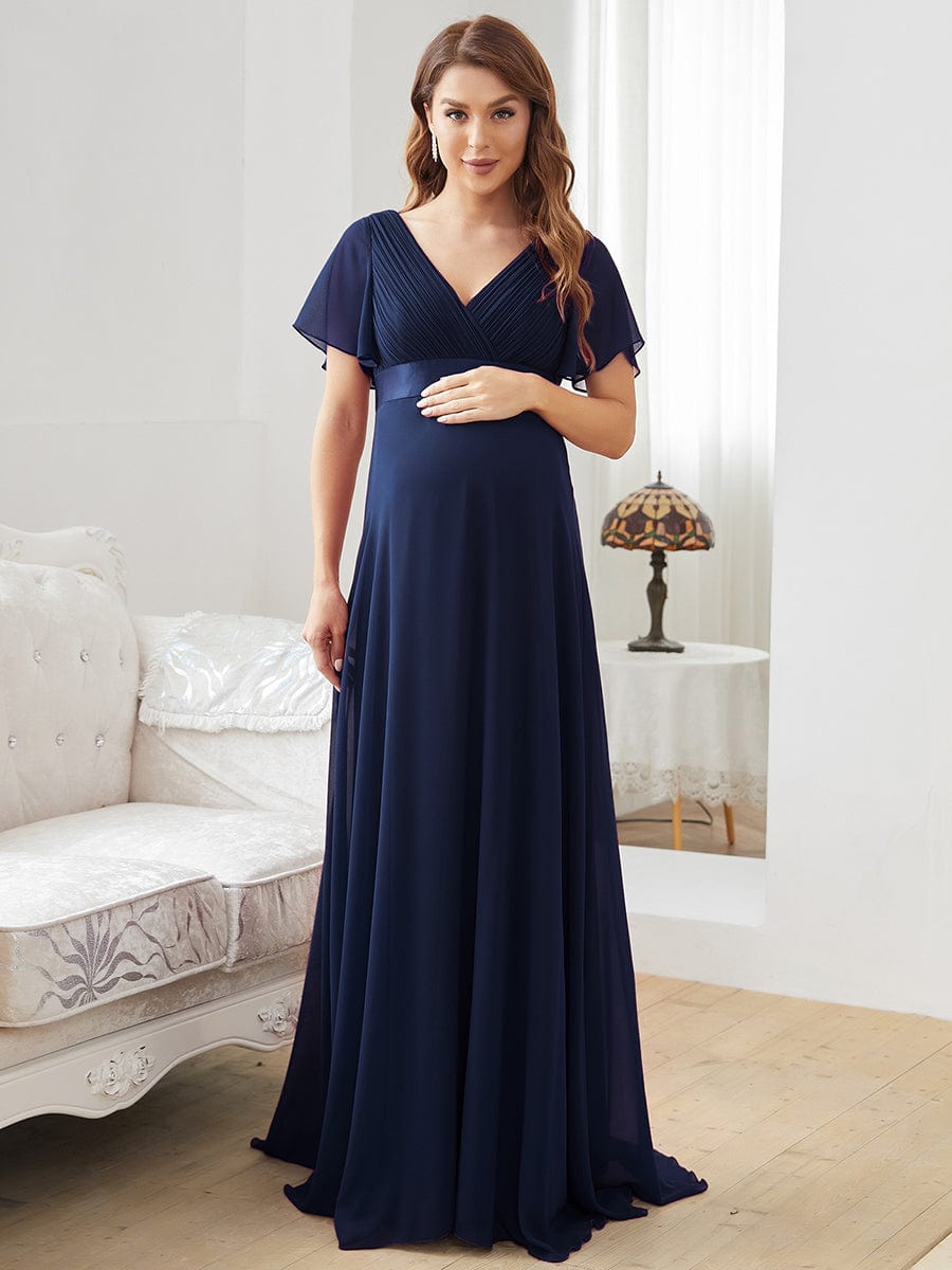 Pleated Bodice Ruffle Sleeves V Neck Floor Length Maternity Dress #color_Navy Blue