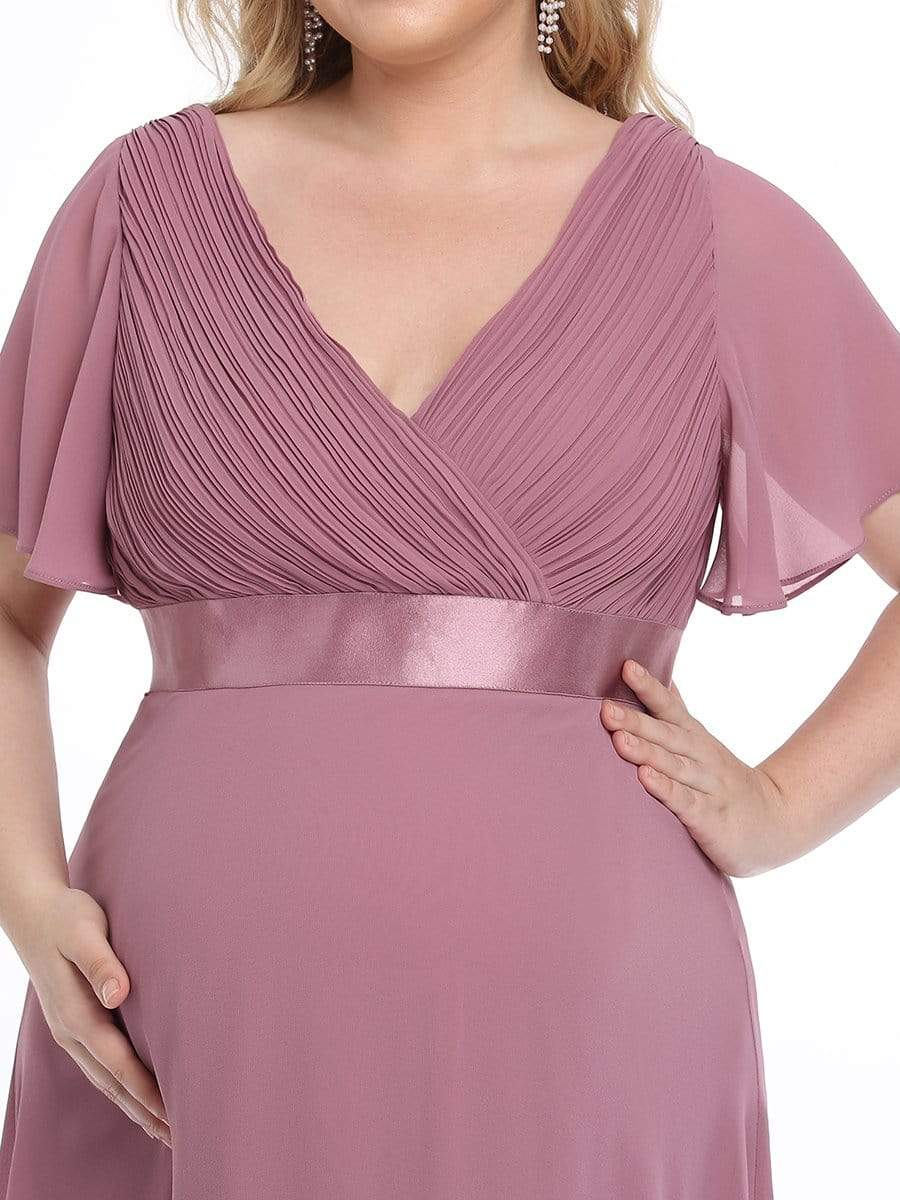 Plus Size Pleated Bodice Ruffle Sleeves V Neck Floor Length Maternity Dress #color_Purple Orchid