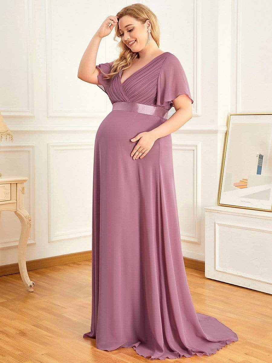 Plus Size Pleated Bodice Ruffle Sleeves V Neck Floor Length Maternity Dress #color_Purple Orchid