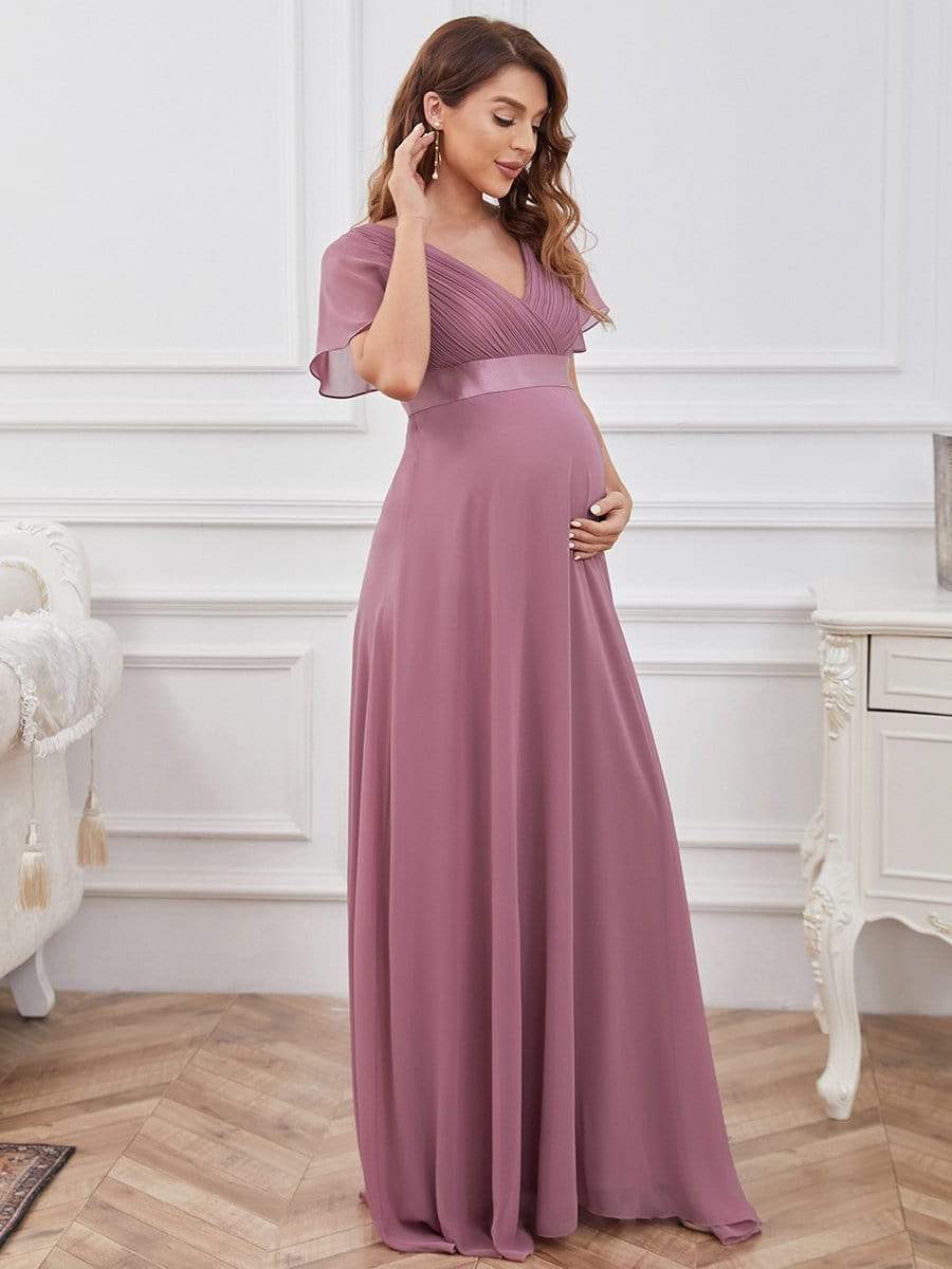 Pleated Bodice Ruffle Sleeves V Neck Floor Length Maternity Dress #color_Purple Orchid