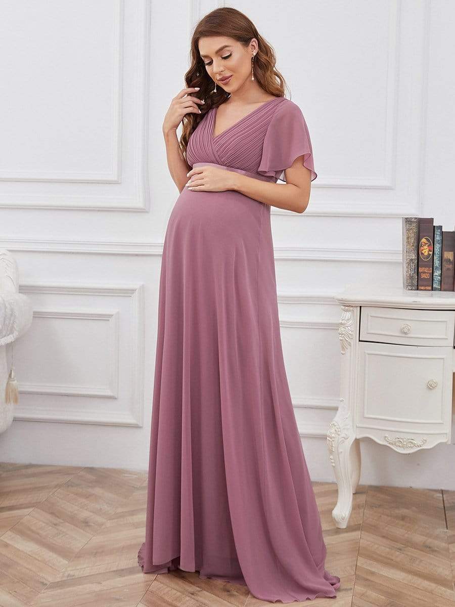 Pleated Bodice V Neck Floor Length Maternity Wedding Guest Dress with Sleeves #color_Purple Orchid