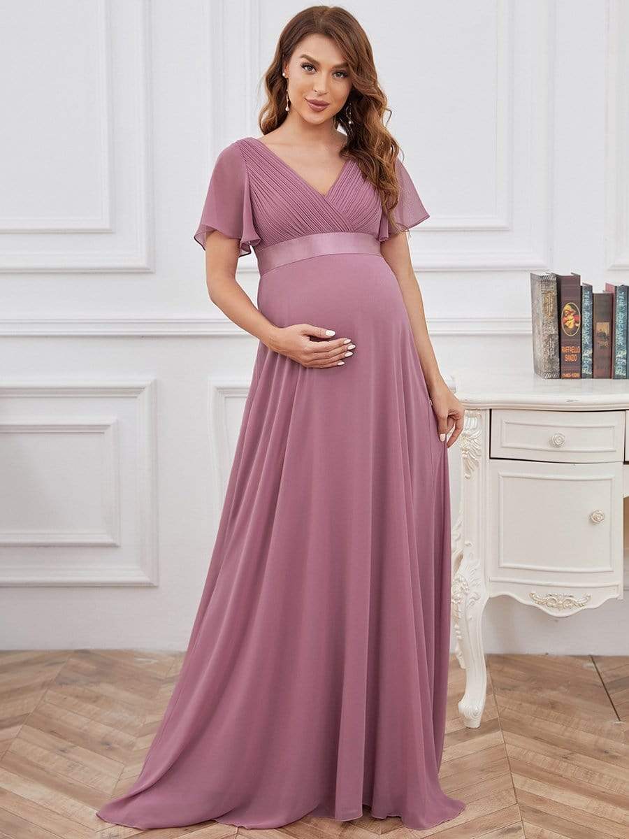 Pleated Bodice Ruffle Sleeves V Neck Floor Length Maternity Dress #color_Purple Orchid