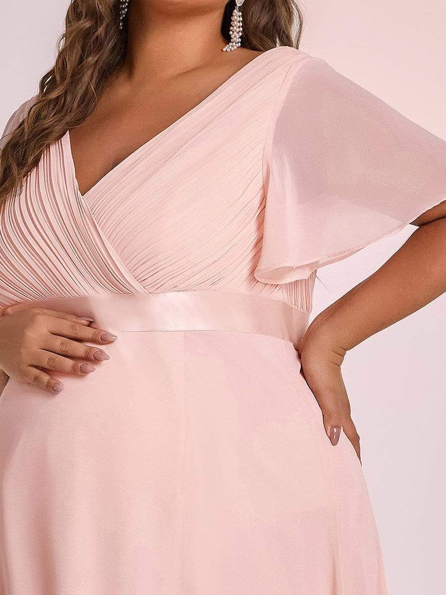 Plus Size Pleated Bodice Ruffle Sleeves V Neck Floor Length Maternity Dress #color_Pink