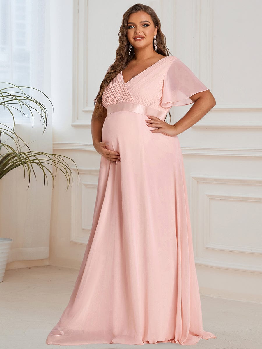 Pleated Bodice Ruffle Sleeves V Neck Floor Length Maternity Dress #color_Pink