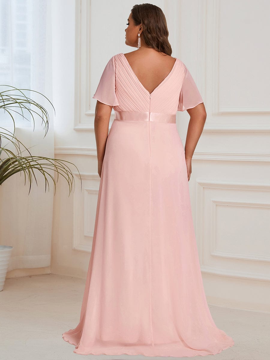 Pleated Bodice Ruffle Sleeves V Neck Floor Length Maternity Dress #color_Pink