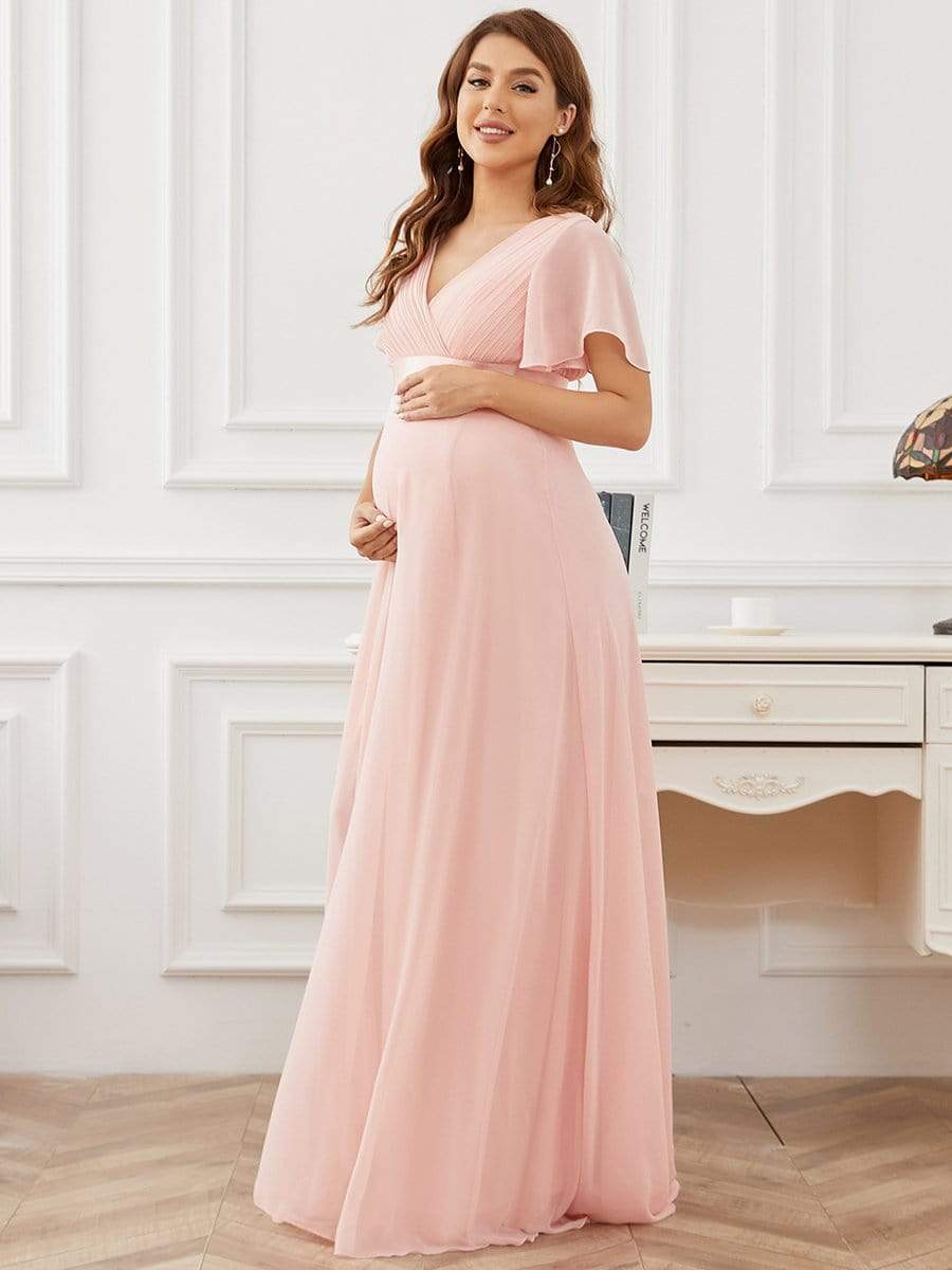 Pleated Bodice V Neck Floor Length Maternity Wedding Guest Dress with Sleeves #color_Pink