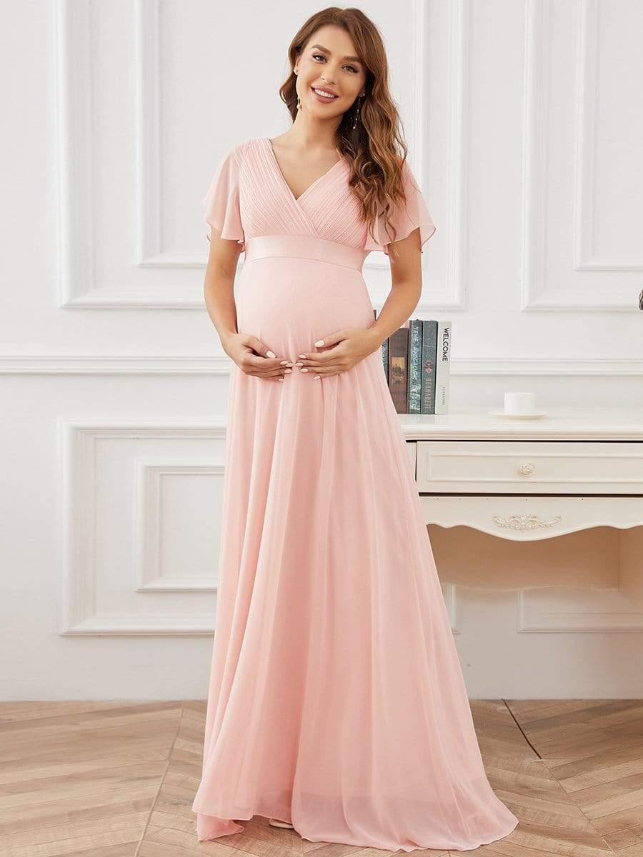 Pleated Bodice Ruffle Sleeves V Neck Floor Length Maternity Dress #color_Pink