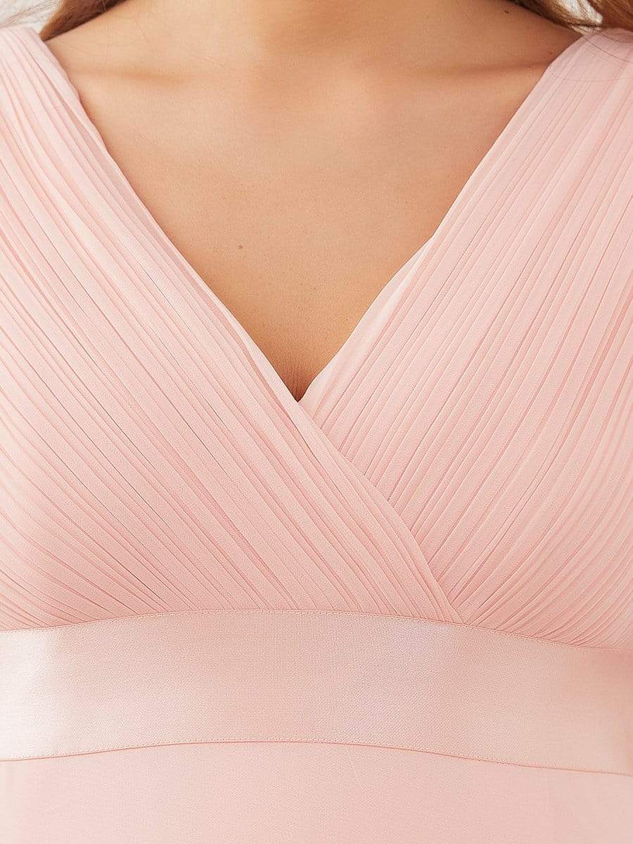 Pleated Bodice V Neck Floor Length Maternity Wedding Guest Dress with Sleeves #color_Pink