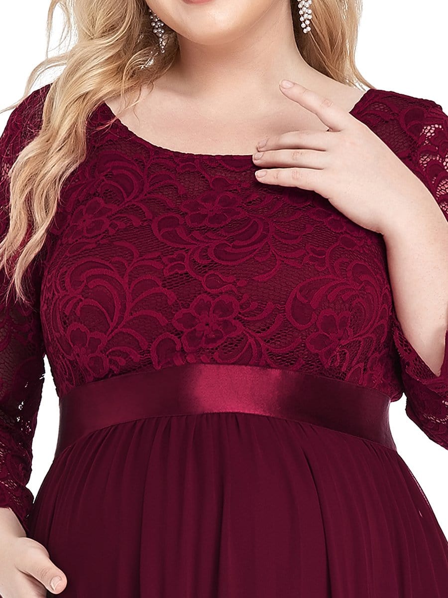 3/4 Sleeve Lace Floor Length Plus Size Maternity Dress #color_Burgundy