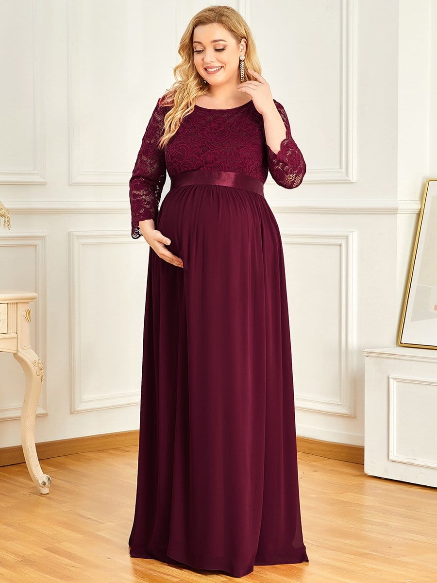 3/4 Sleeve Lace Floor Length Plus Size Maternity Dress #color_Burgundy