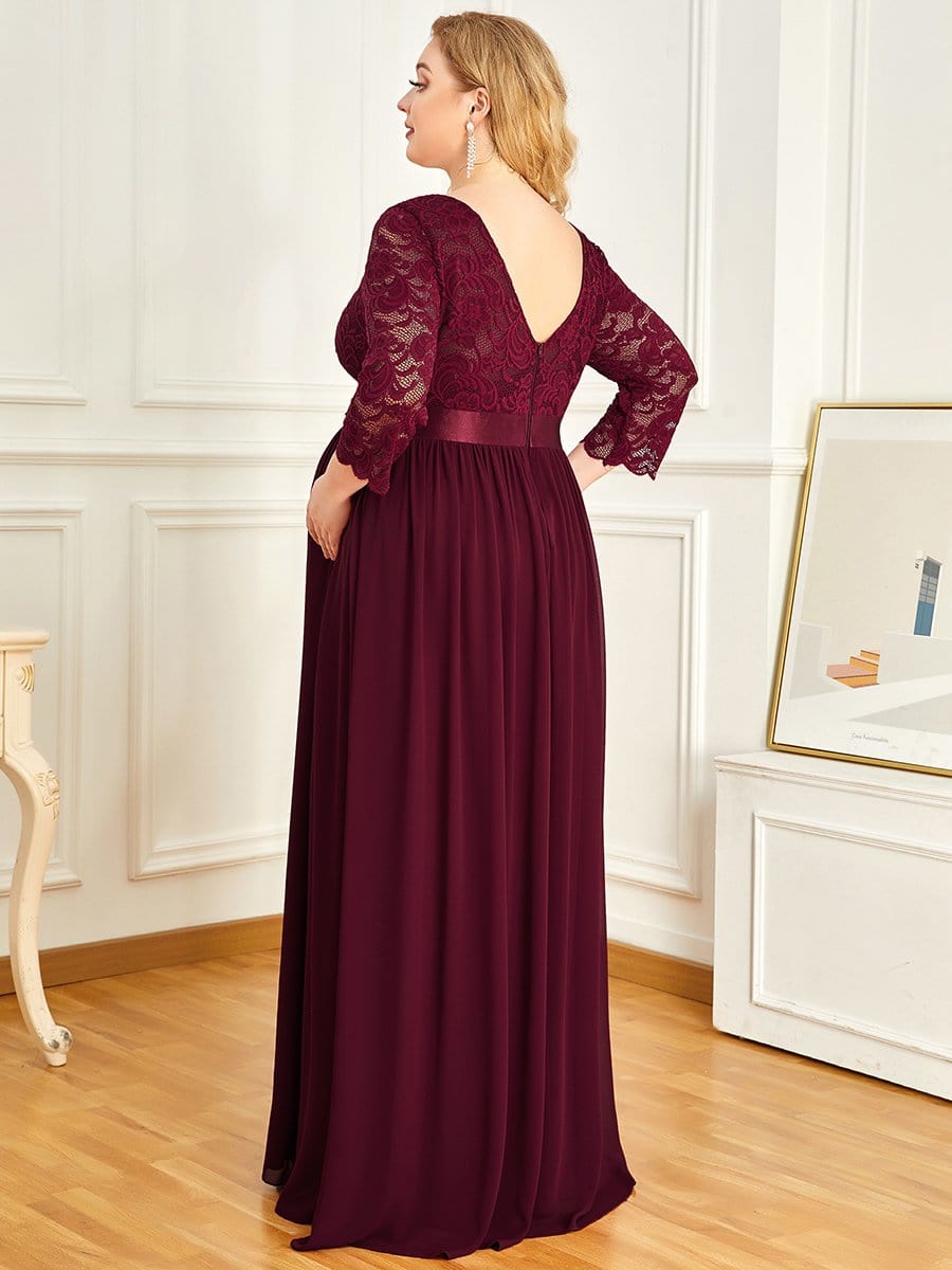 3/4 Sleeve Lace Floor Length Plus Size Maternity Dress #color_Burgundy