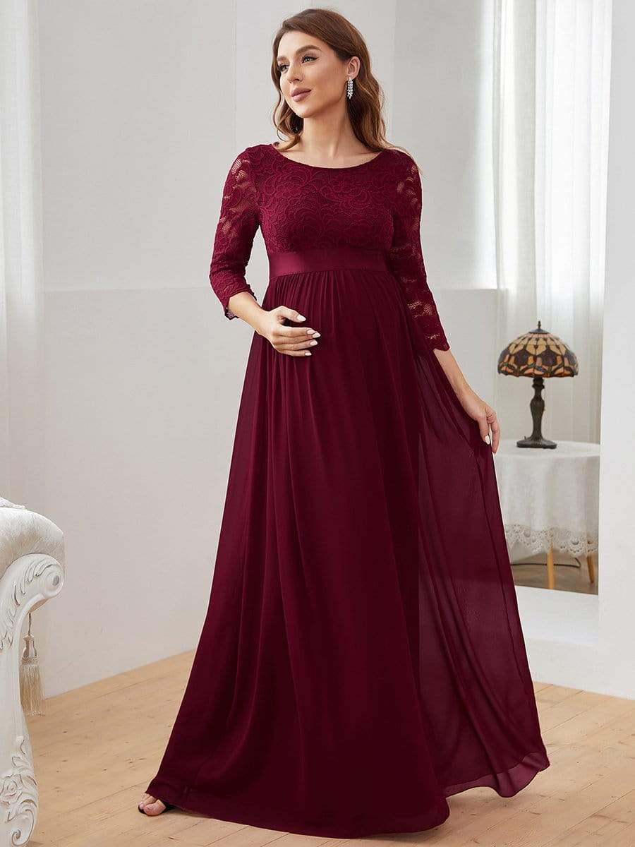 Elegant 3/4 Sleeves Embroidered Maternity Wedding Guest Dress #color_Burgundy