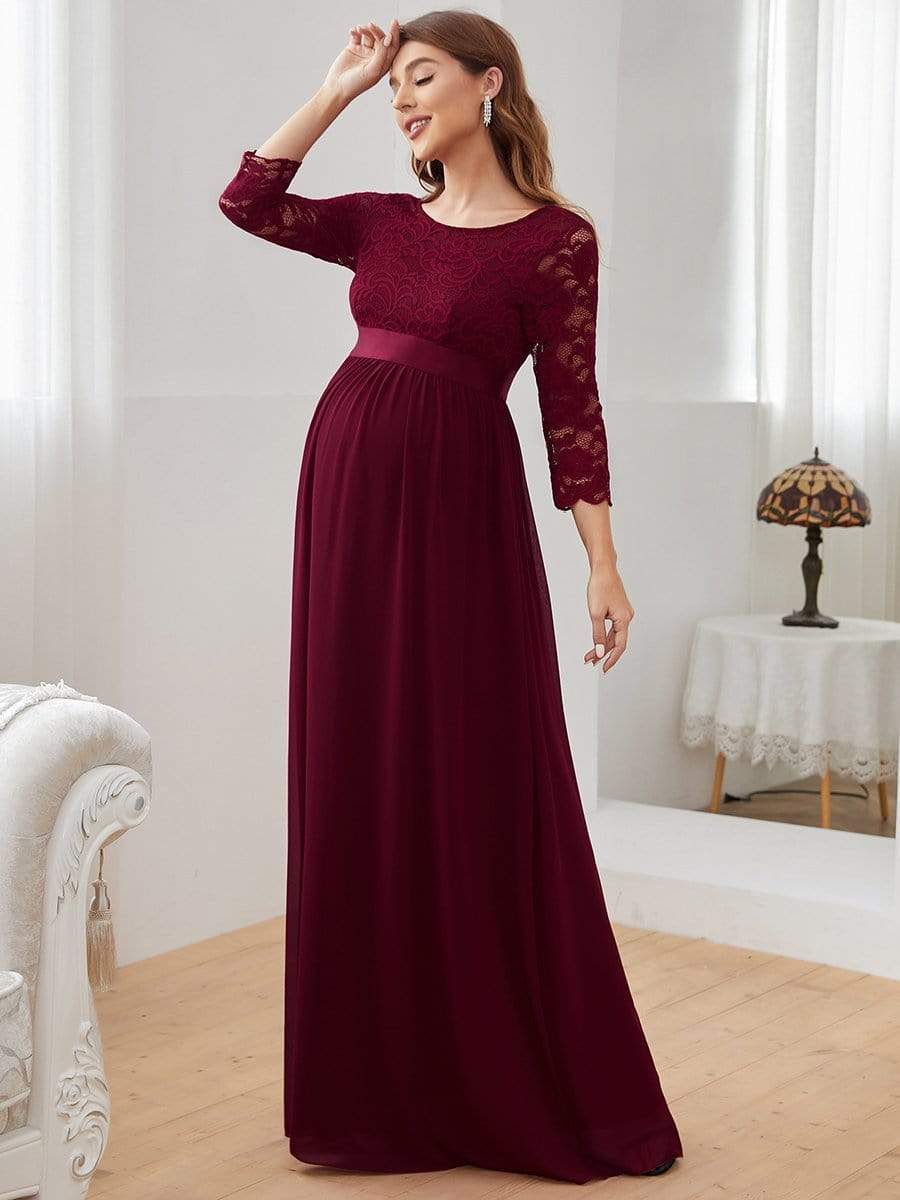 Elegant 3/4 Sleeves Embroidered Maternity Wedding Guest Dress #color_Burgundy