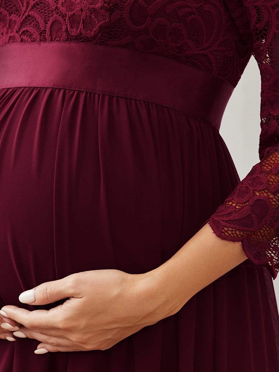 Round Neck V Back 3/4 Sleeves Embroidered Maternity Dress #color_Burgundy