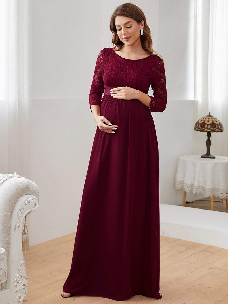 Elegant 3/4 Sleeves Embroidered Maternity Wedding Guest Dress #color_Burgundy