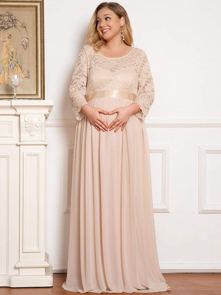 3/4 Sleeve Lace Floor Length Plus Size Maternity Dress #color_Blush