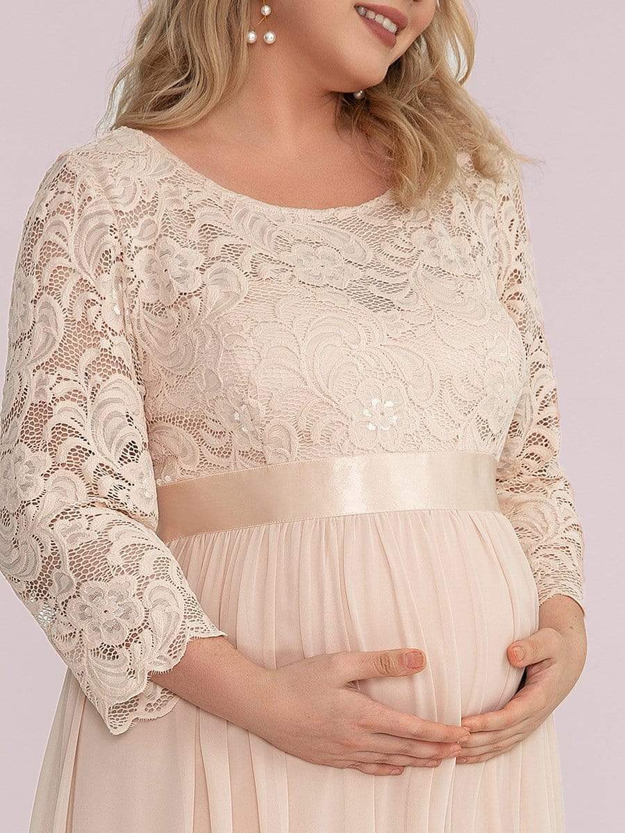 Round Neck V Back 3/4 Sleeves Embroidered Maternity Dress #color_Blush
