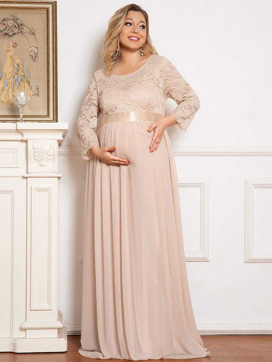 Round Neck V Back 3/4 Sleeves Embroidered Maternity Dress #color_Blush